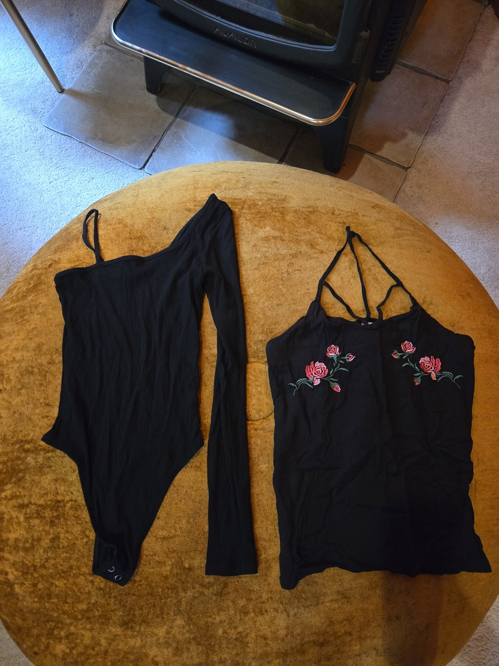 Black One-Shoulder Bodysuit & Black Rose-Embroidered Cami Set